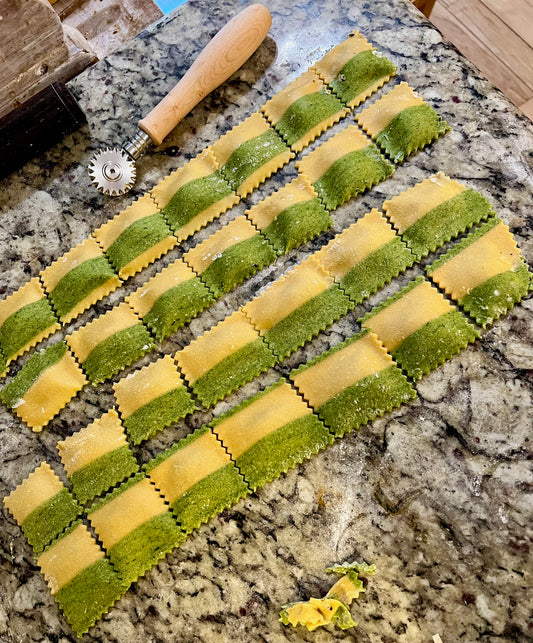 Spin-Striped Creamy Pesto Filled Ravioli for 2
